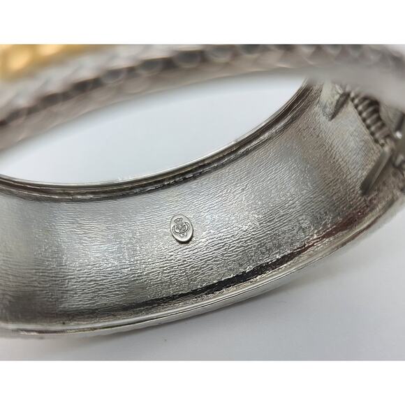 Vintage Premier Designs Mixed Metal Gold & Silver Hammered Hinged Cuff Bracelet - Picture 8 of 8